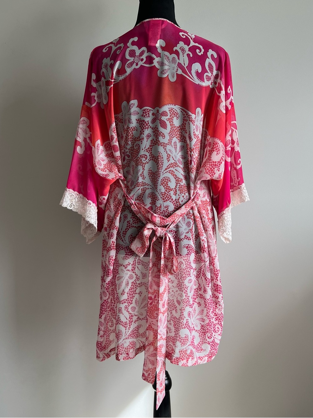Pink Floral Lace-Trim Satin Robe with Self-Tie Waist Beach Kimono / Boho Kimono